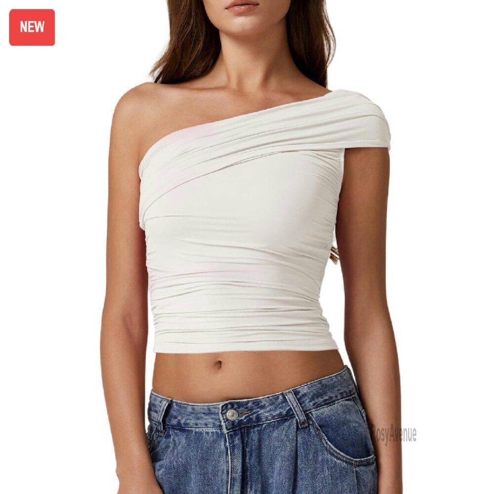 One Shoulder Sleeveless Crop Top Slim Fit Double Lined Soft